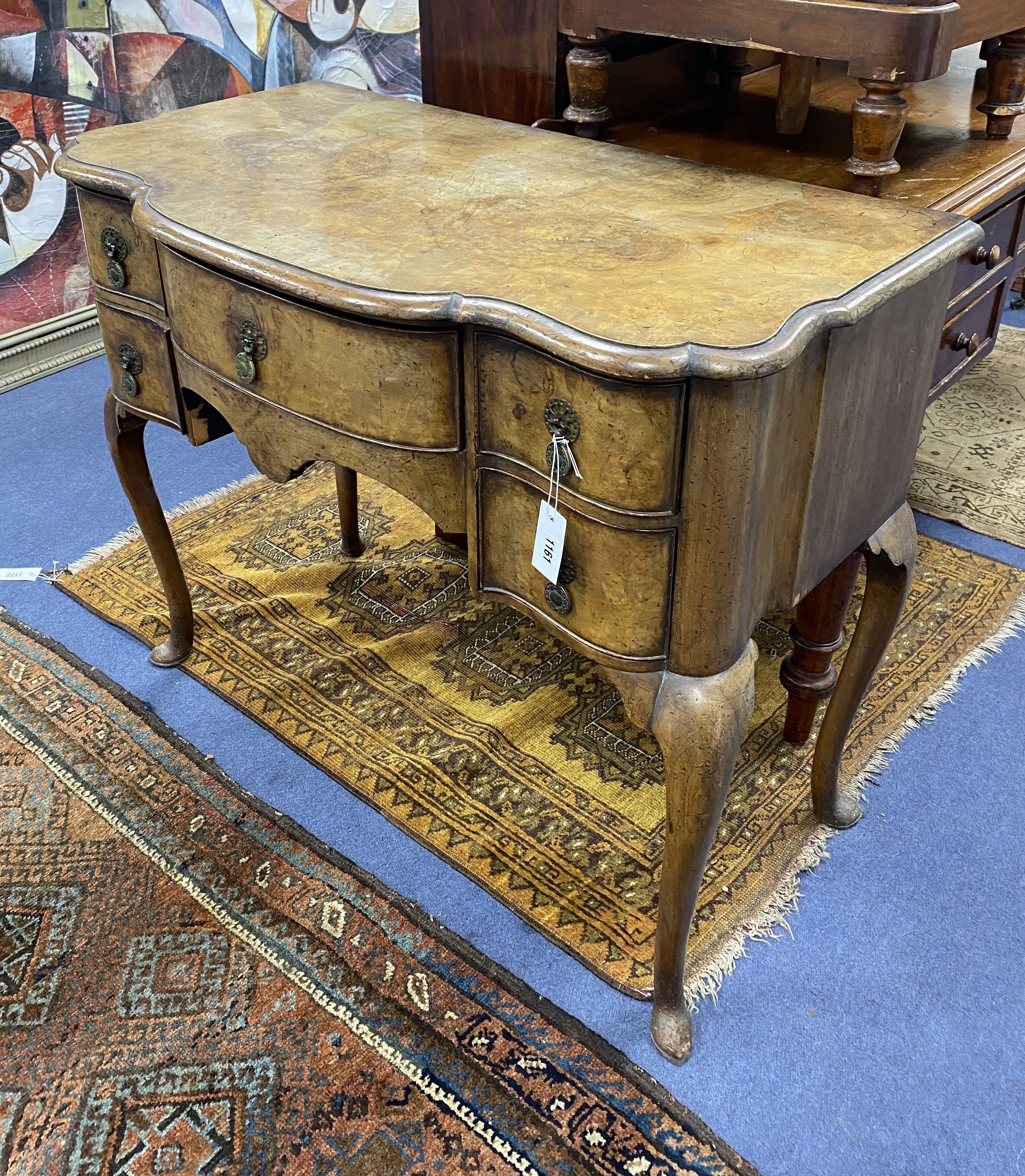 An 18th century style Dutch walnut bow front side table, width 91cm, depth 49cm, height 76cm